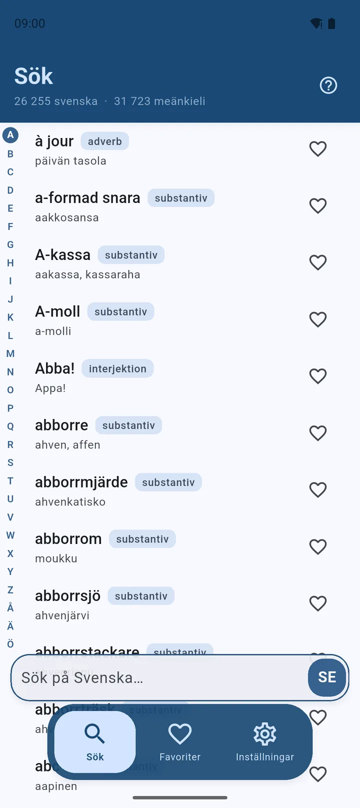 Sökskärmen i Kaveri