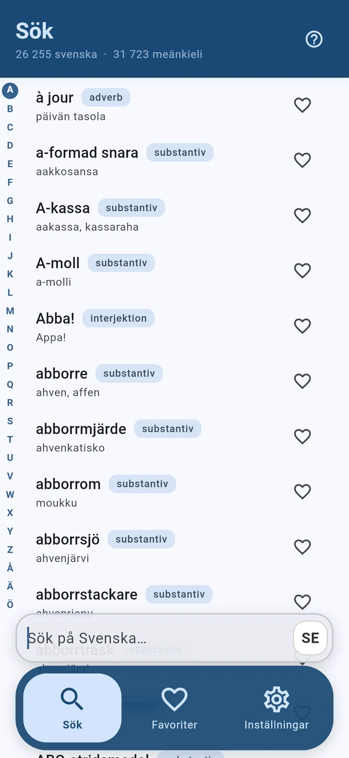 Sökskärmen i Kaveri